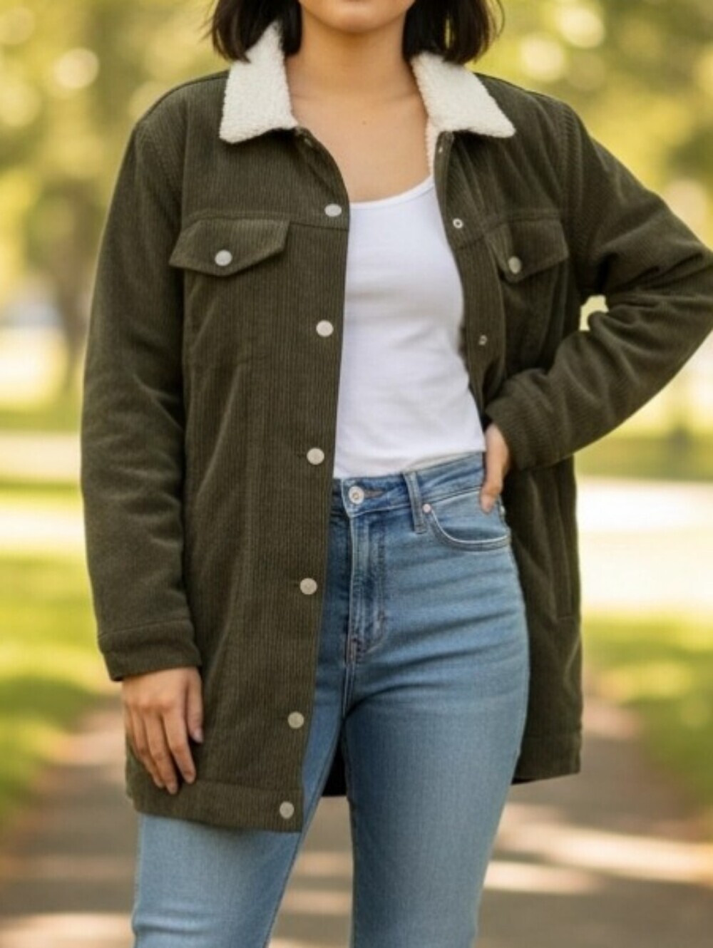 Love Tree Women's Sz L Green Corduroy Faux Sherpa Pockets Minimalist Casual